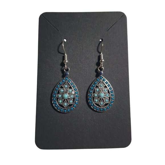 Boho Teardrop Dangle Earrings Blue Silver Tone Metal Hook Elegant Design Gift - Picture 1 of 4